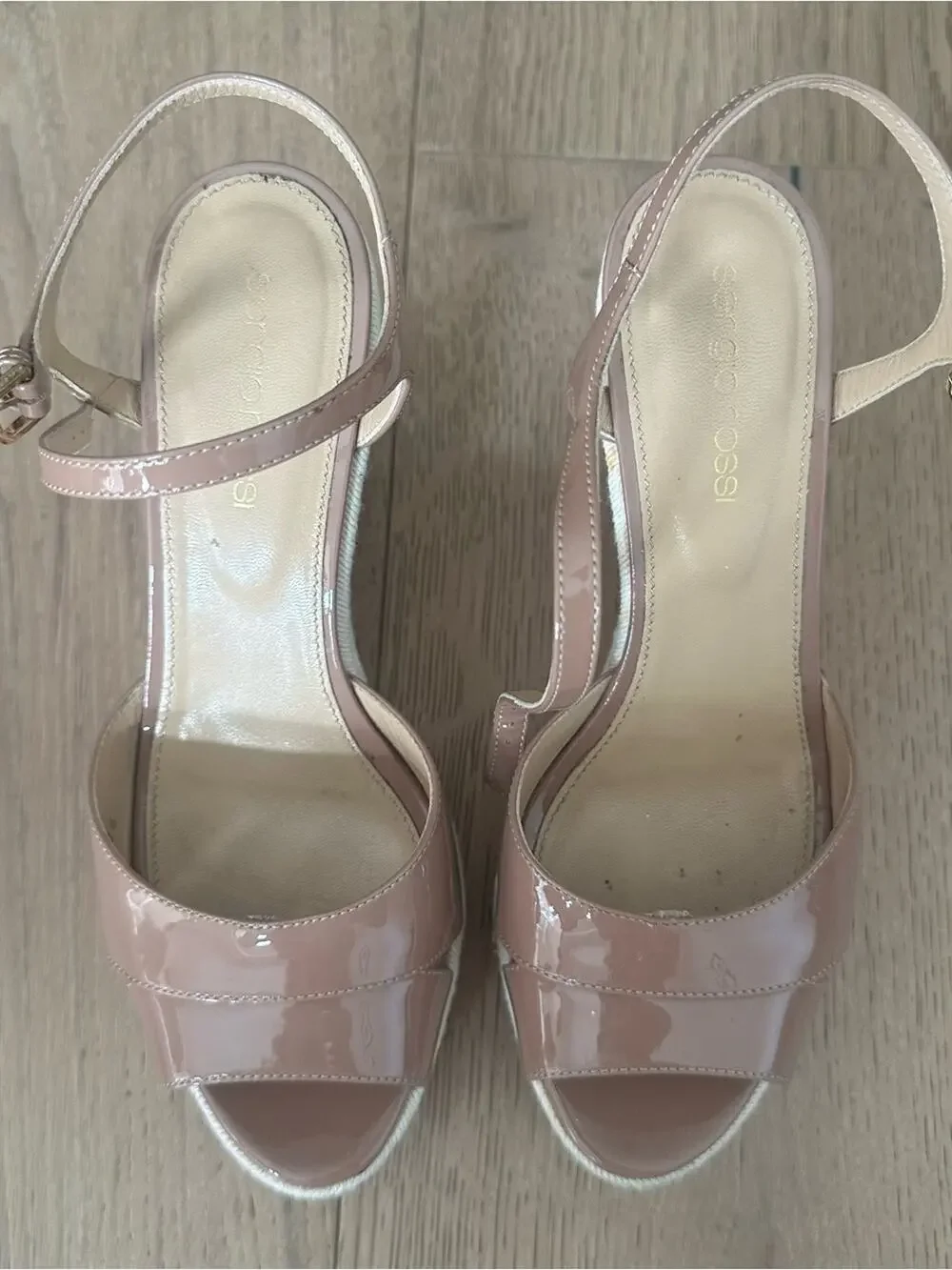 Sergio Rossi Patent Peep Toe Wedge Sandal In Off Nude 36